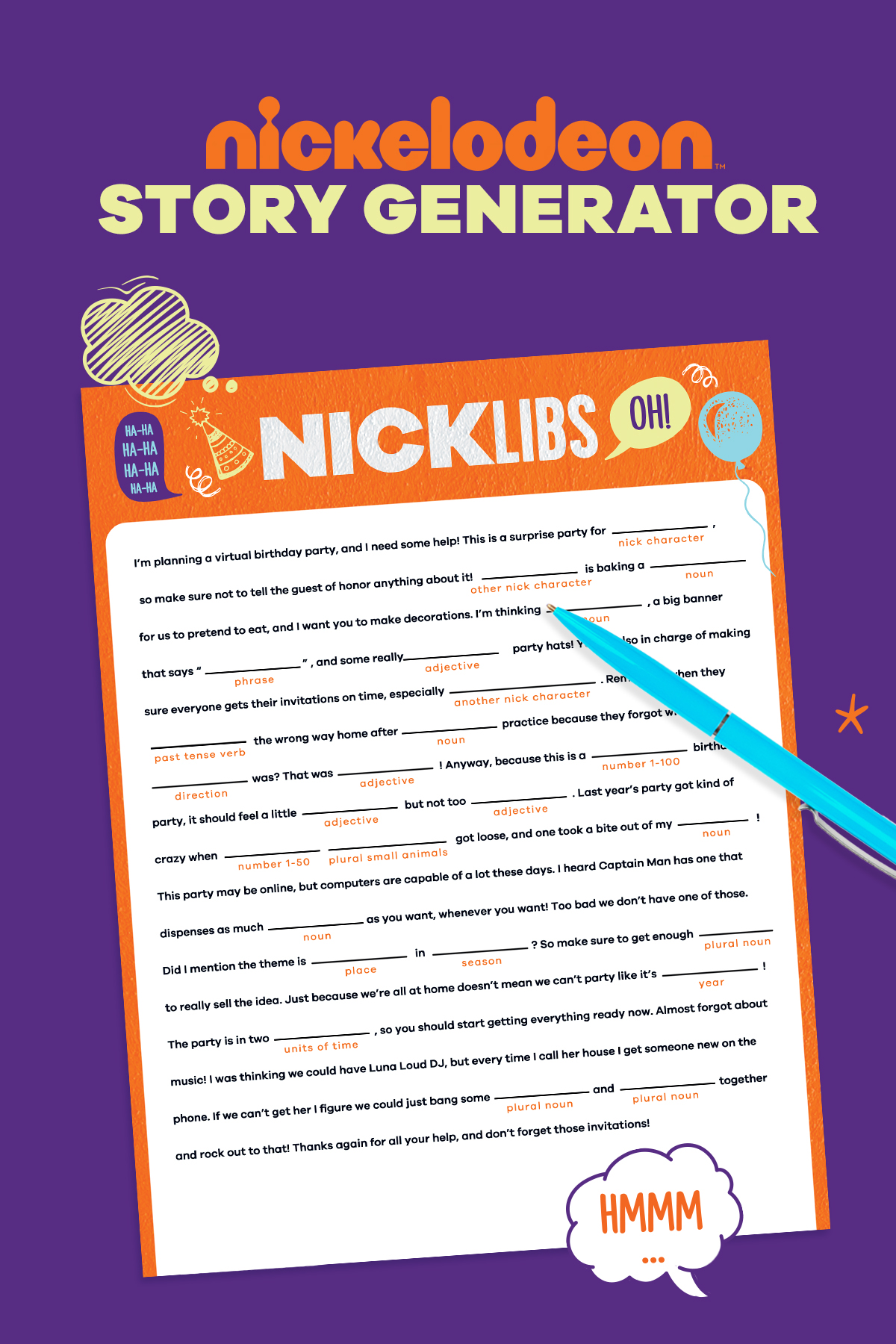 element agenda Towing Nick Libs Story Generator: Virtual Birthday Party | Nickelodeon Parents