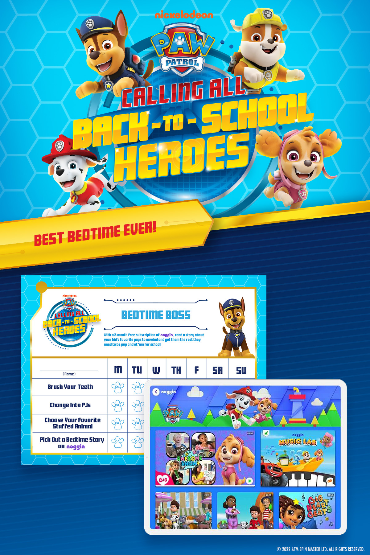 Article Header PAW Patrol Pups on Blue Background with Bedtime Printable