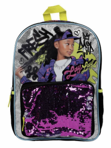 That Girl Lay Lay backpack with graffiti-like print, Lay Lay, and purple sequins