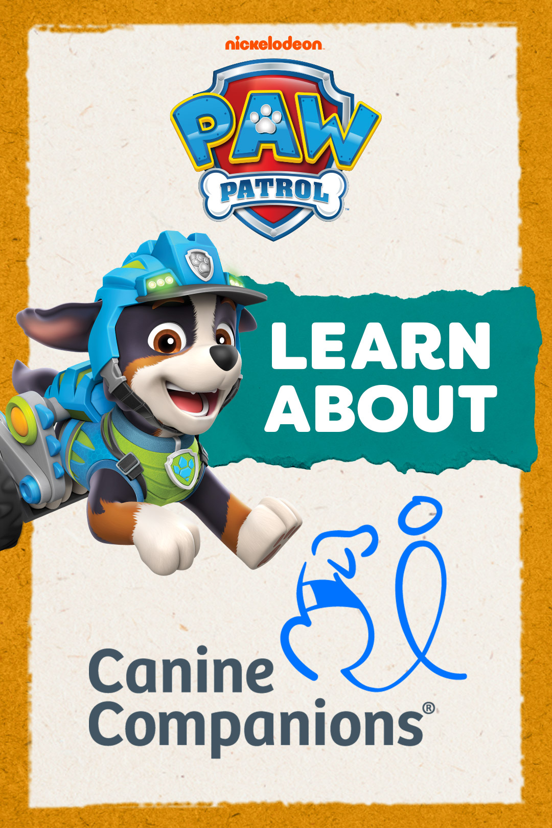 Header Image for article: includes image of Rex, PAW Patrol logo, and Canine Companions logo