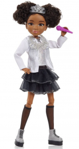 Lay Lay doll wearing a tiara, sparkly silver top, black skirt, and gray boots. She holds a pink microphone in her left hand.