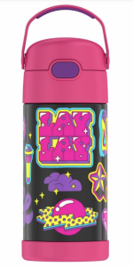 Product shot of a thermos with a pink cap, black background with Lay Lay declas