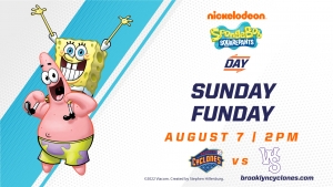 Promotional Banner celebrating SpongeBob SquarePants Day. Text reads Sunday Funday, August 7, 2pm. On the left side of the banner, Patrick Star is giving SpongeBob a ride on his shoulders.