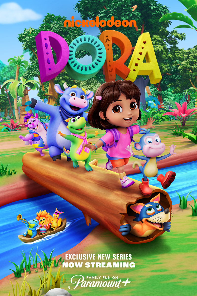 New Dora the Explorer series. Dora, Boots, Benny the Bull, Isa the Iquana, Swiper, Tico the Squirrel and the Fiesta Trio cross a river in the rainforest. Animated children's show from Nickelodeon.